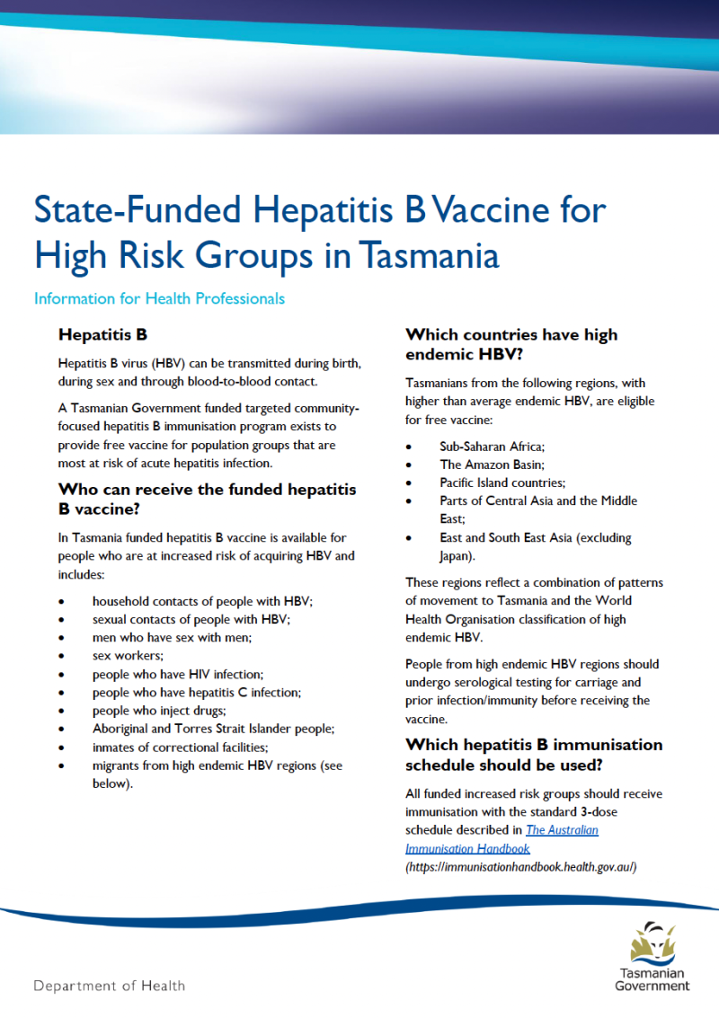 Hepatitis B Vaccine For High Risk Groups | Tasmanian Department Of Health